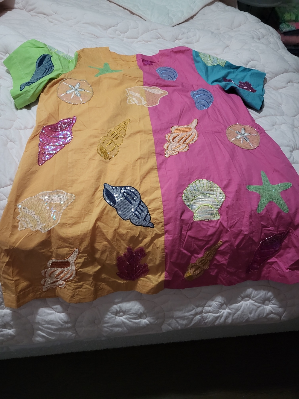 Queen Of Sparkles Seashell Embroidered Tunic Dress - Pink, Mustard, Teal